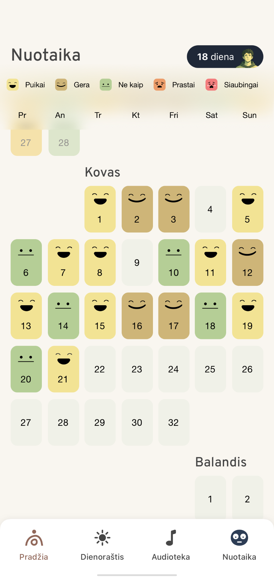 Nuotaikos kalendoriaus ekranas