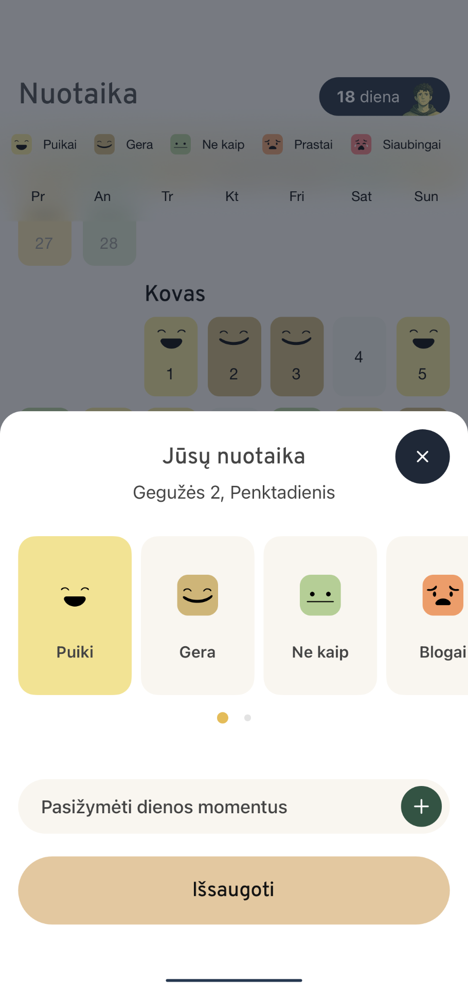 Nuotaikos nustatymo ekranas